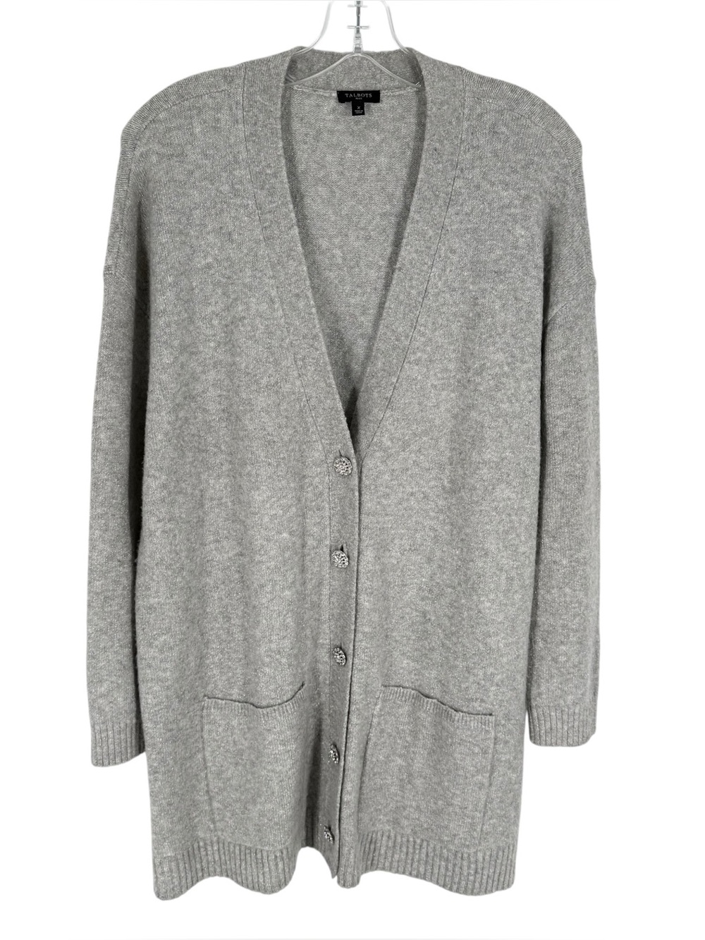 Talbots Longline Cardigan Sweater Womens Size XL Gray Shimmer Rhinestone Buttons